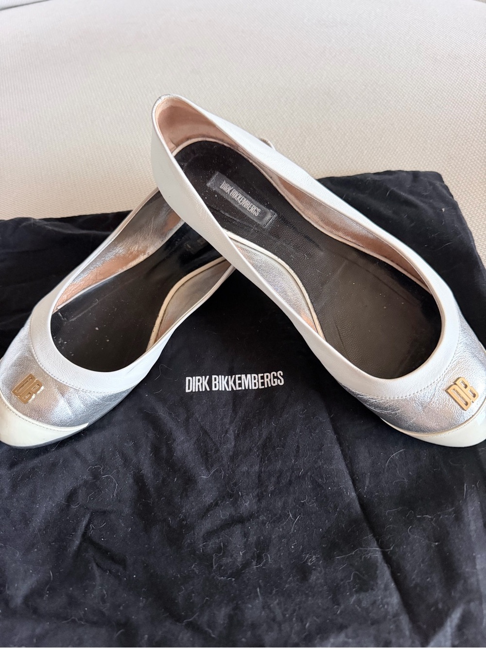 Dirk Bikkembergs Metallic Silver Leather Ballet Flats with Gold Logo